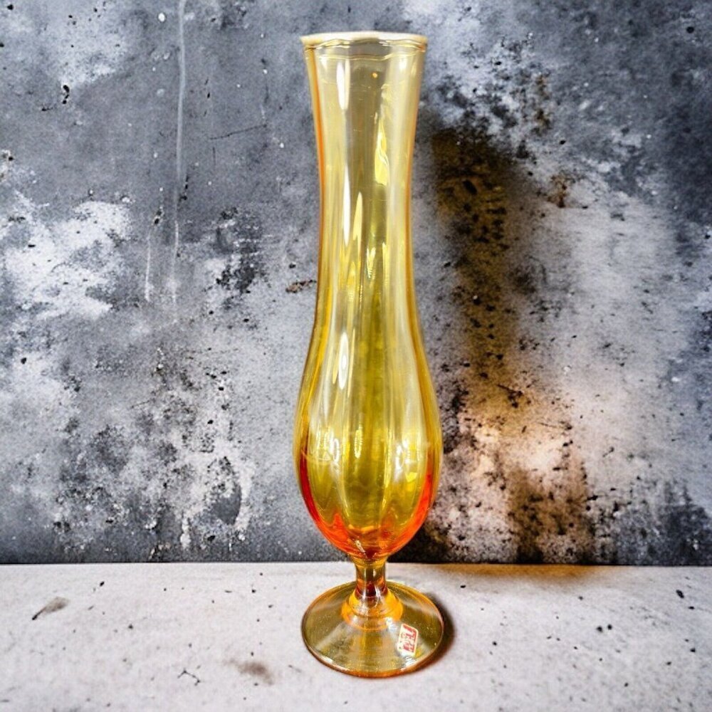 Vintage Venetian Amber Art Glass Vase With Made In Italy Sticker Footed Vase VTG